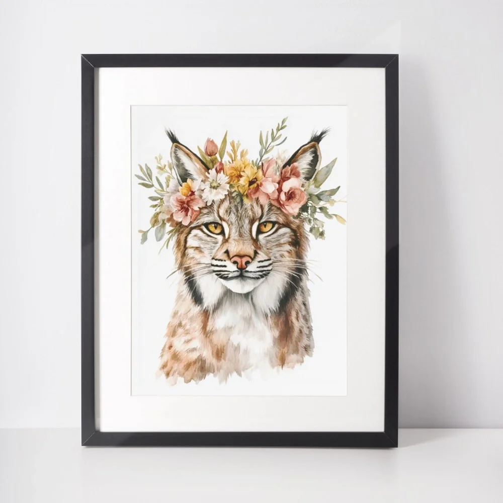 Watercolor Floral Lynx Portrait Wall Art Illustration Print Poster Unframed - Picture 3 of 9